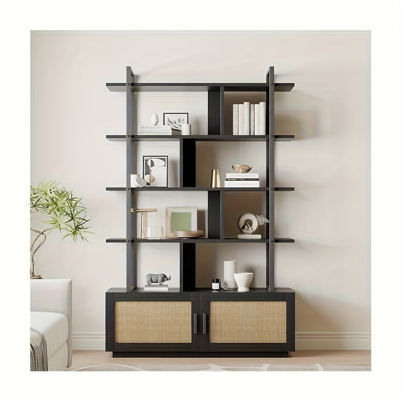 5-Tier Tall Bookshelf with Wide Open Shelves - Freestanding Metal Frame & Rattan Bookcase Suitable for Living Room, Bedroom, Home Office - Assembly, Spacious Storage, Modern Classic