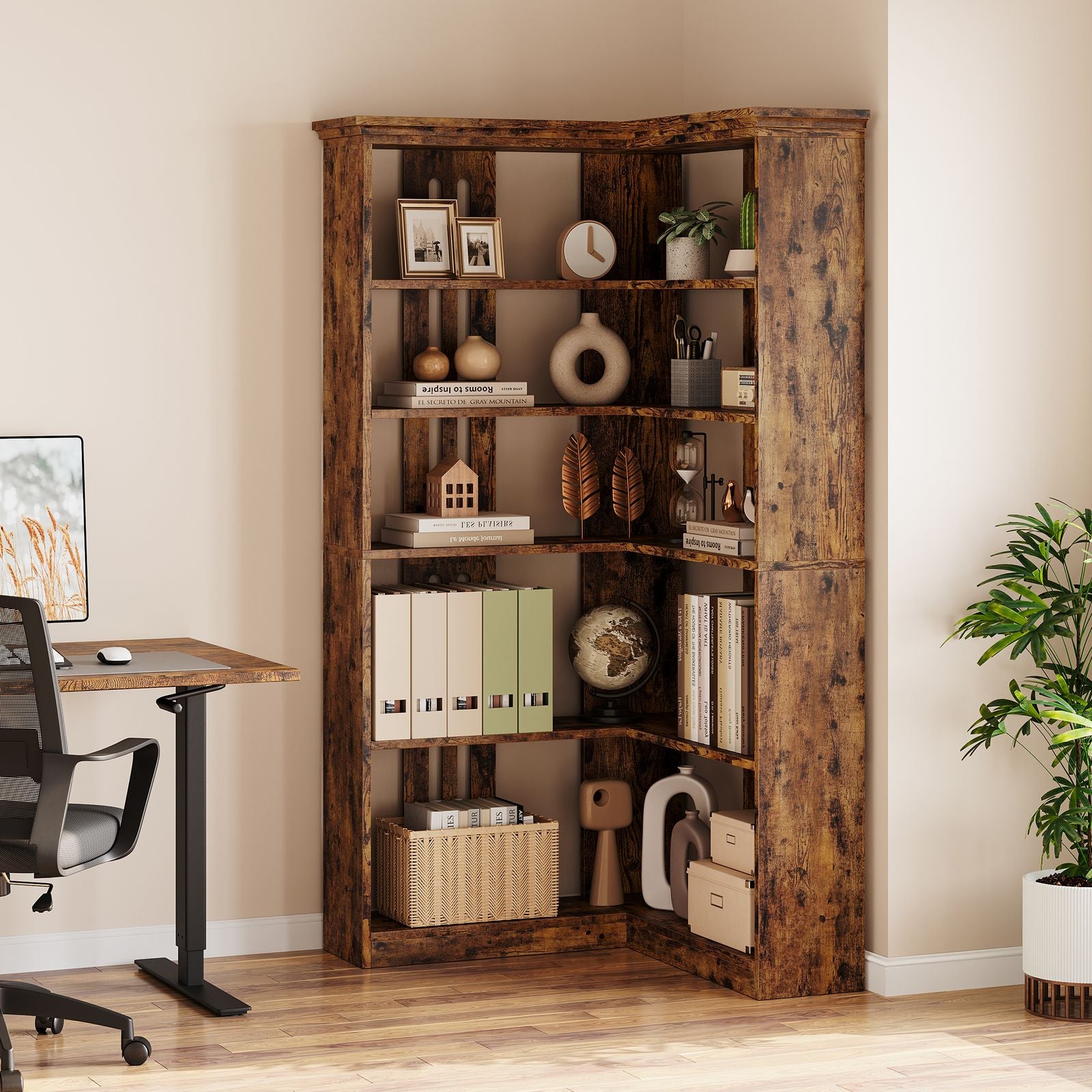 72-Inch L-Shaped Wooden Bookcase with 5 Spacious Shelves | Rustic Design, Anti-Tip Safety, Easy Assembly, Ideal for Living Room or Office, Dimensions 35.6\
