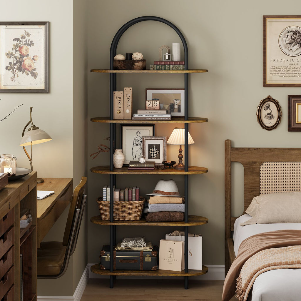 5-Tier Modern Arched Bookshelf with Metal Frame & Shelves - Adjustable Feet Freestanding Tall Display Shelf Suitable for Bedroom, Living Room, Bookcase for Books, Decor, Display, Assembly Required, Arched for Narrow Spaces