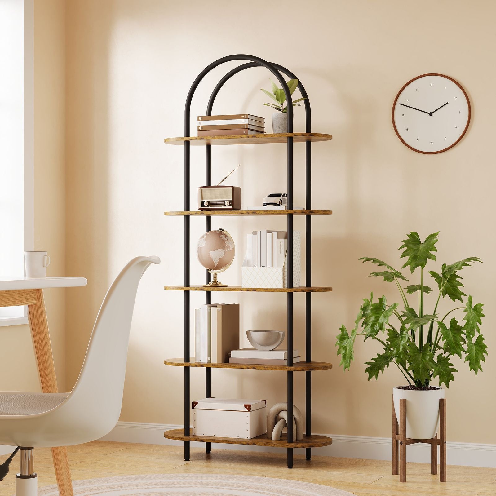 5-Tier Modern Arched Bookshelf with Metal Frame & Shelves - Adjustable Feet Freestanding Tall Display Shelf Suitable for Bedroom, Living Room, Bookcase for Books, Decor, Display, Assembly Required, Arched for Narrow Spaces