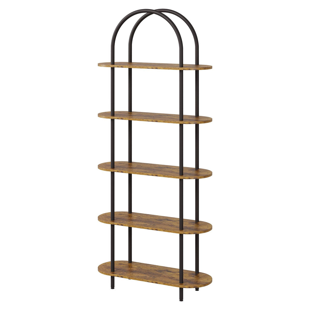 5-Tier Modern Arched Bookshelf with Metal Frame & Shelves - Adjustable Feet Freestanding Tall Display Shelf Suitable for Bedroom, Living Room, Bookcase for Books, Decor, Display, Assembly Required, Arched for Narrow Spaces