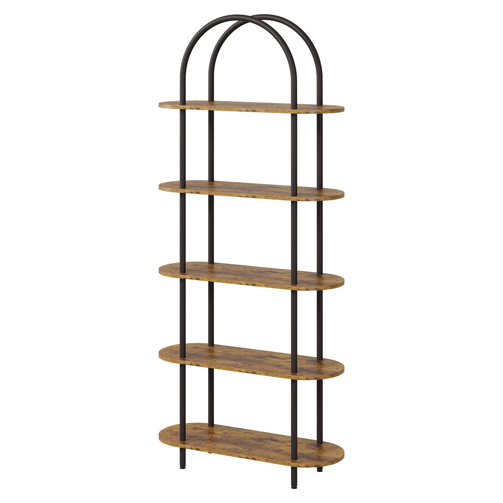 5-Tier Modern Arched Bookshelf with Metal Frame & Shelves - Adjustable Feet Freestanding Tall Display Shelf Suitable for Bedroom, Living Room, Bookcase for Books, Decor, Display, Assembly Required, Arched for Narrow Spaces