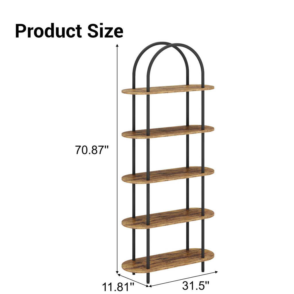 5-Tier Modern Arched Bookshelf with Metal Frame & Shelves - Adjustable Feet Freestanding Tall Display Shelf Suitable for Bedroom, Living Room, Bookcase for Books, Decor, Display, Assembly Required, Arched for Narrow Spaces