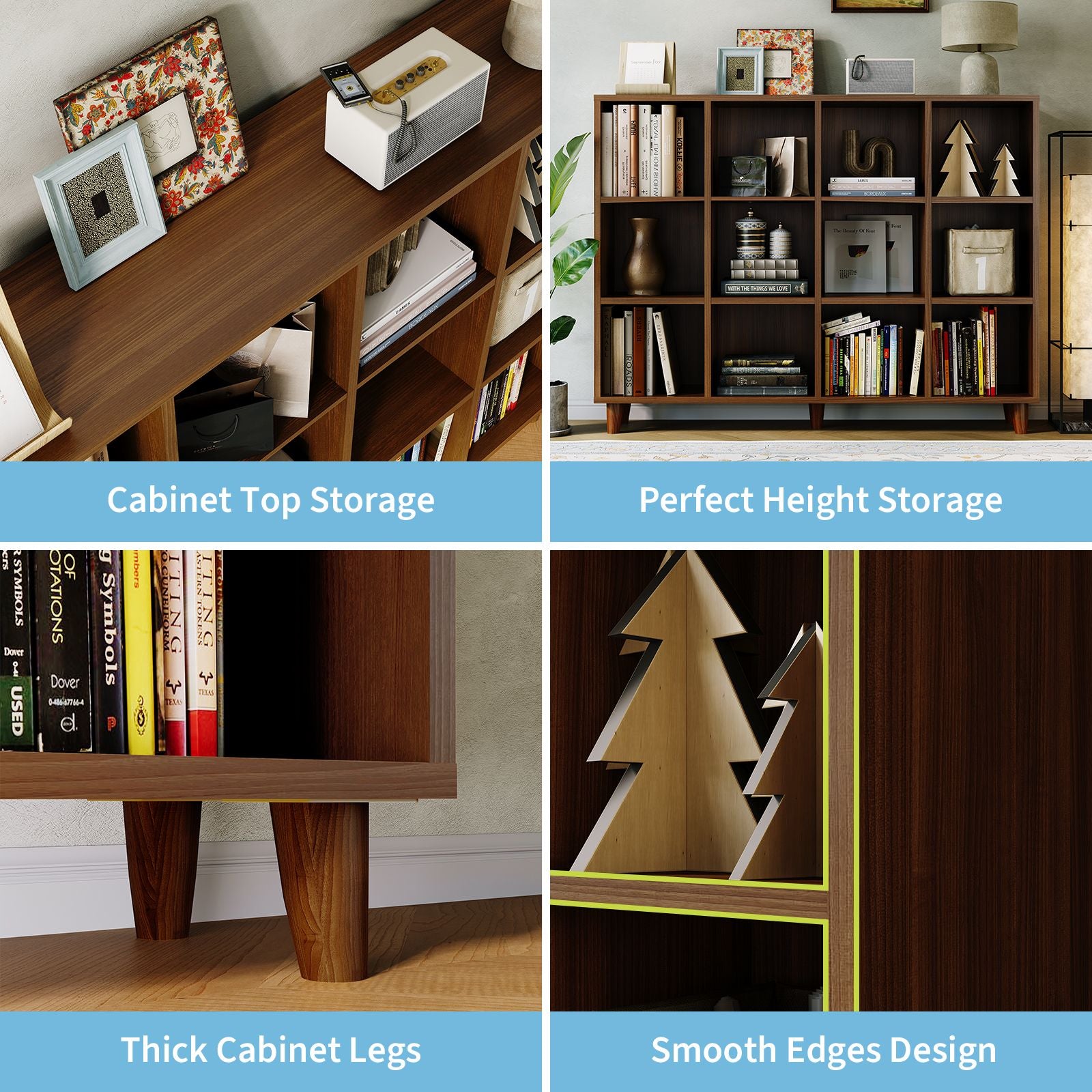 12 Cube Storage Organizer Shelf with Base | Freestanding Open Bookcase and Display Cabinet Organizer for Living Room, Bedroom, and Home Office - Contemporary Style, Hardwood, Mixed Color, Assembled