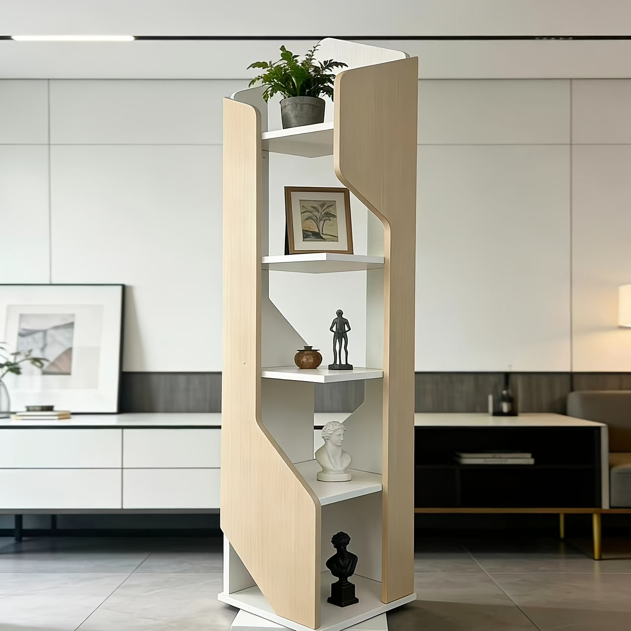 5-Level Rotating Book Storage Rack - Independent Wooden Display Unit Featuring a Rotating Corner Storage Capability, Ideal for Home Offices, Study Areas, And Living Spaces - Easy Assembly, Square Base, Decorative Bookshelf