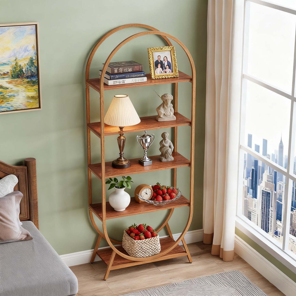 1pc Modern Brown 5-Tier Arched Bookcase Tall 70.8\