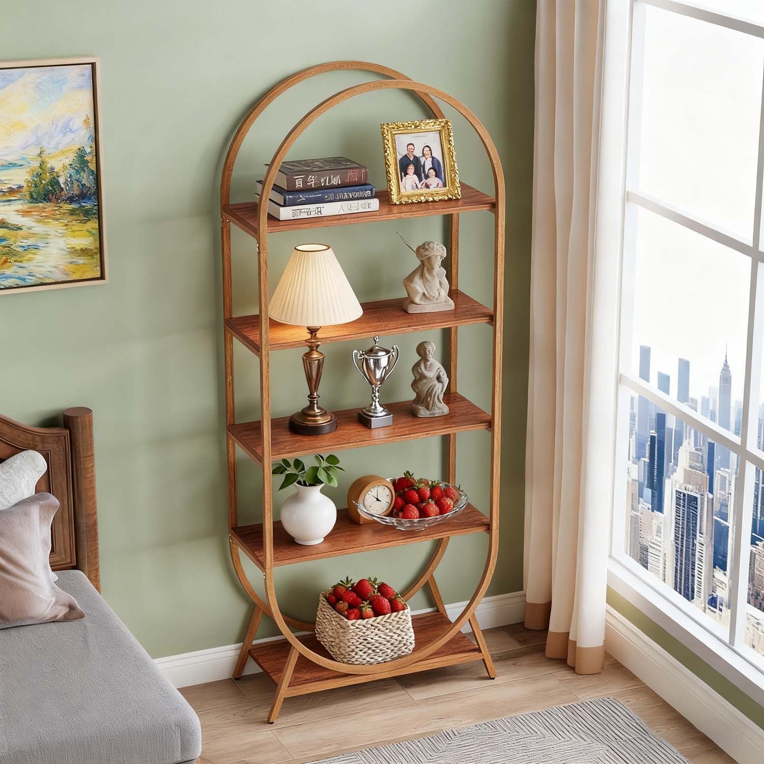 1pc Modern Brown 5-Tier Arched Bookcase Tall 70.8\