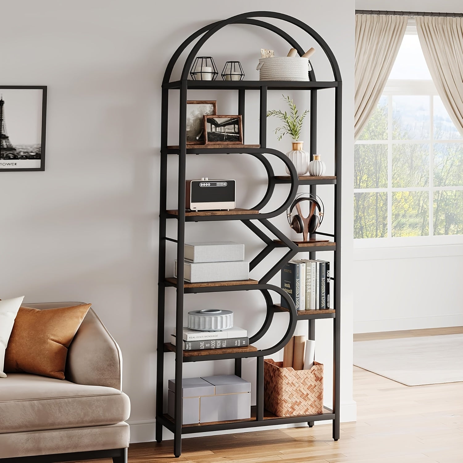 Metal Farmhouse Bookcase with Arched Door & Drawer Shelving - Round Display Cabinet, Painted Freestanding Bookshelf Suitable for Living Room, Kitchen, Office - Assembly, Metal Storage Rack