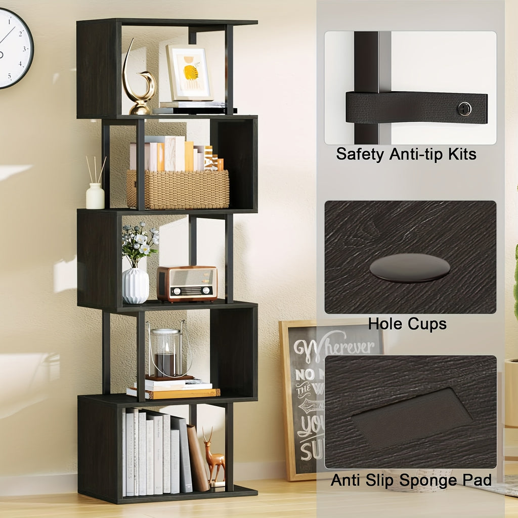 6-tier Tall Bookshelf, Lofty Geometric Book Cabinet, S-shaped Industrial-style Display Freestanding Bookshelf, Metal And Wood Decorative Storage Partition Rack, Suitable for Bedroom, Living Room, Office, Black\u002Fwhite