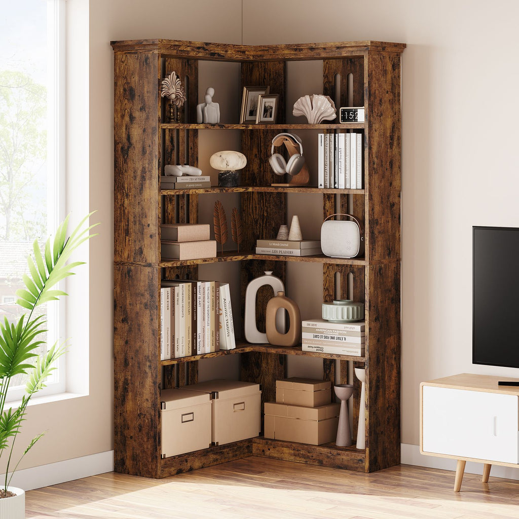 72-Inch L-Shaped Wooden Bookcase with 5 Spacious Shelves | Rustic Design, Anti-Tip Safety, Easy Assembly, Ideal for Living Room or Office, Dimensions 35.6\