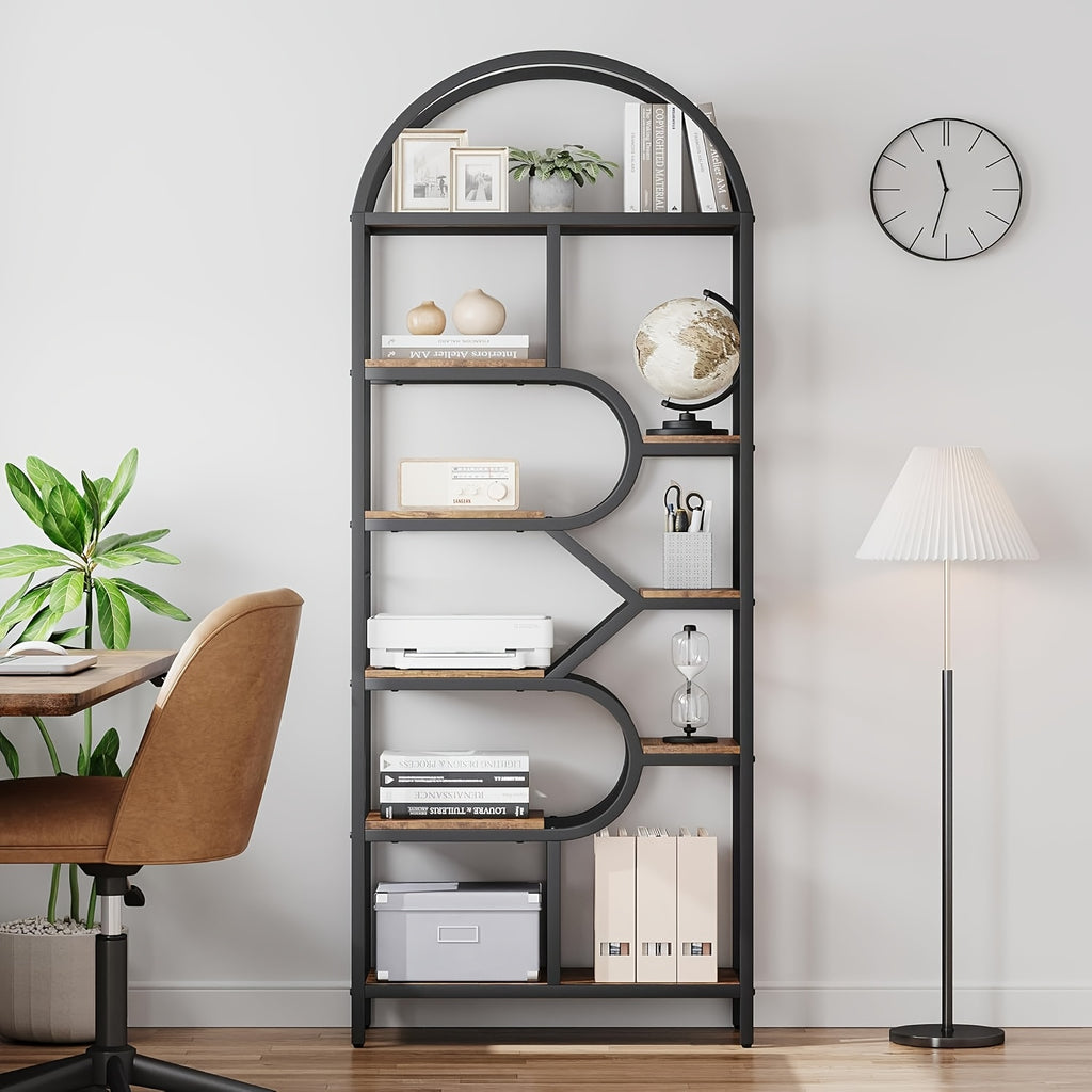 Metal Farmhouse Bookcase with Arched Door & Drawer Shelving - Round Display Cabinet, Painted Freestanding Bookshelf Suitable for Living Room, Kitchen, Office - Assembly, Metal Storage Rack