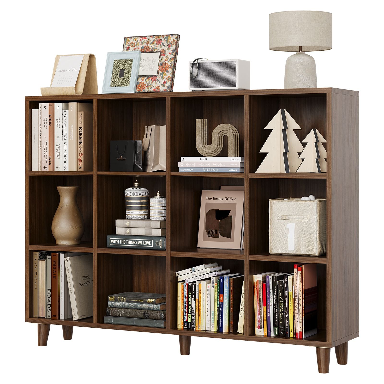 12 Cube Storage Organizer Shelf with Base | Freestanding Open Bookcase and Display Cabinet Organizer for Living Room, Bedroom, and Home Office - Contemporary Style, Hardwood, Mixed Color, Assembled