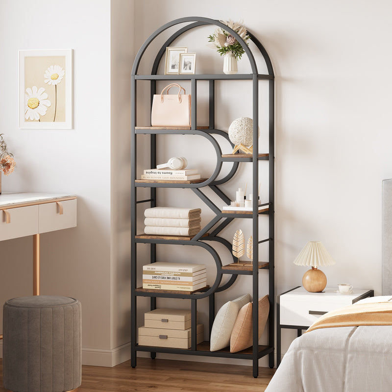 6-Tier Arched Bookshelf with Geometric Open Shelves, 81.7in Tall Modern Metal Frame Book Rack for Bedroom, Living Room, and Home Office Storage