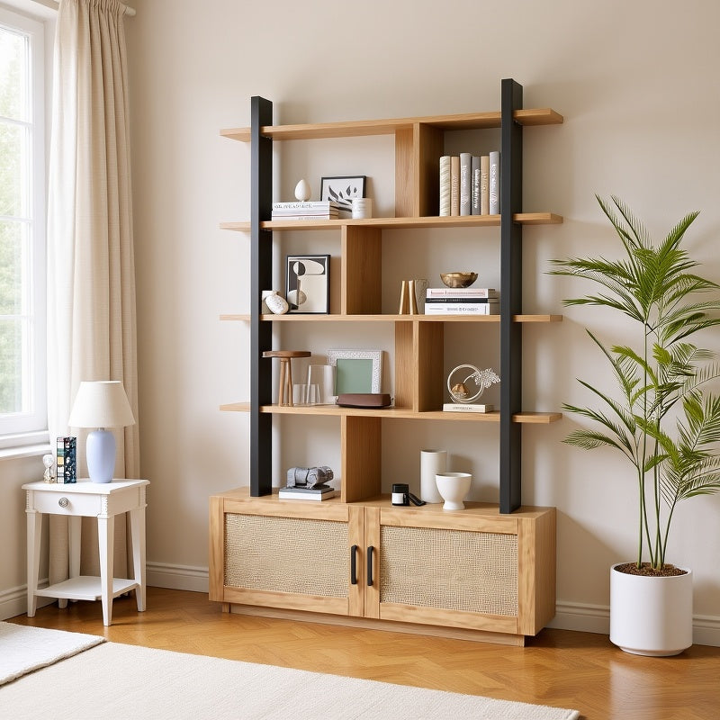 5-Tier Tall Bookshelf with Wide Open Shelves - Freestanding Metal Frame & Rattan Bookcase Suitable for Living Room, Bedroom, Home Office - Assembly, Spacious Storage, Modern Classic
