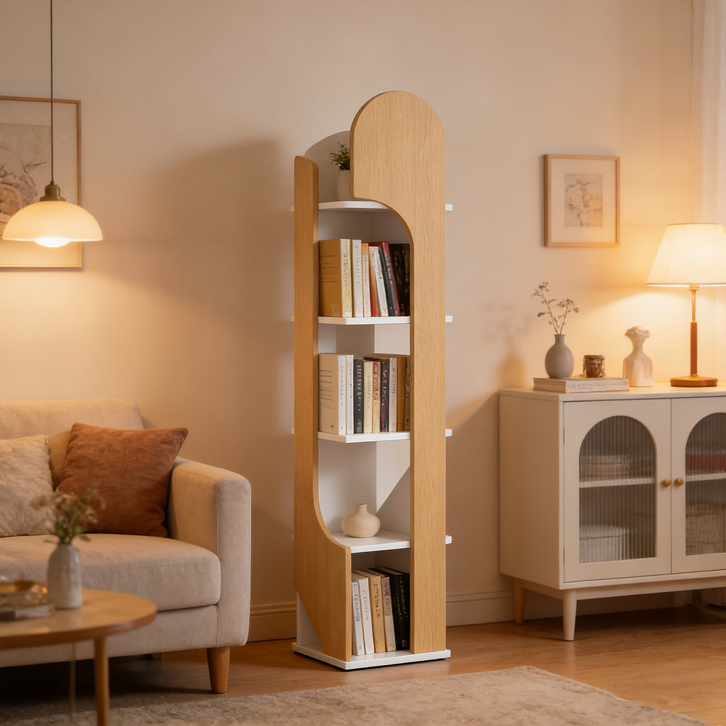 5-Level Rotating Book Storage Rack - Independent Wooden Display Unit Featuring a Rotating Corner Storage Capability, Ideal for Home Offices, Study Areas, And Living Spaces - Easy Assembly, Square Base, Decorative Bookshelf