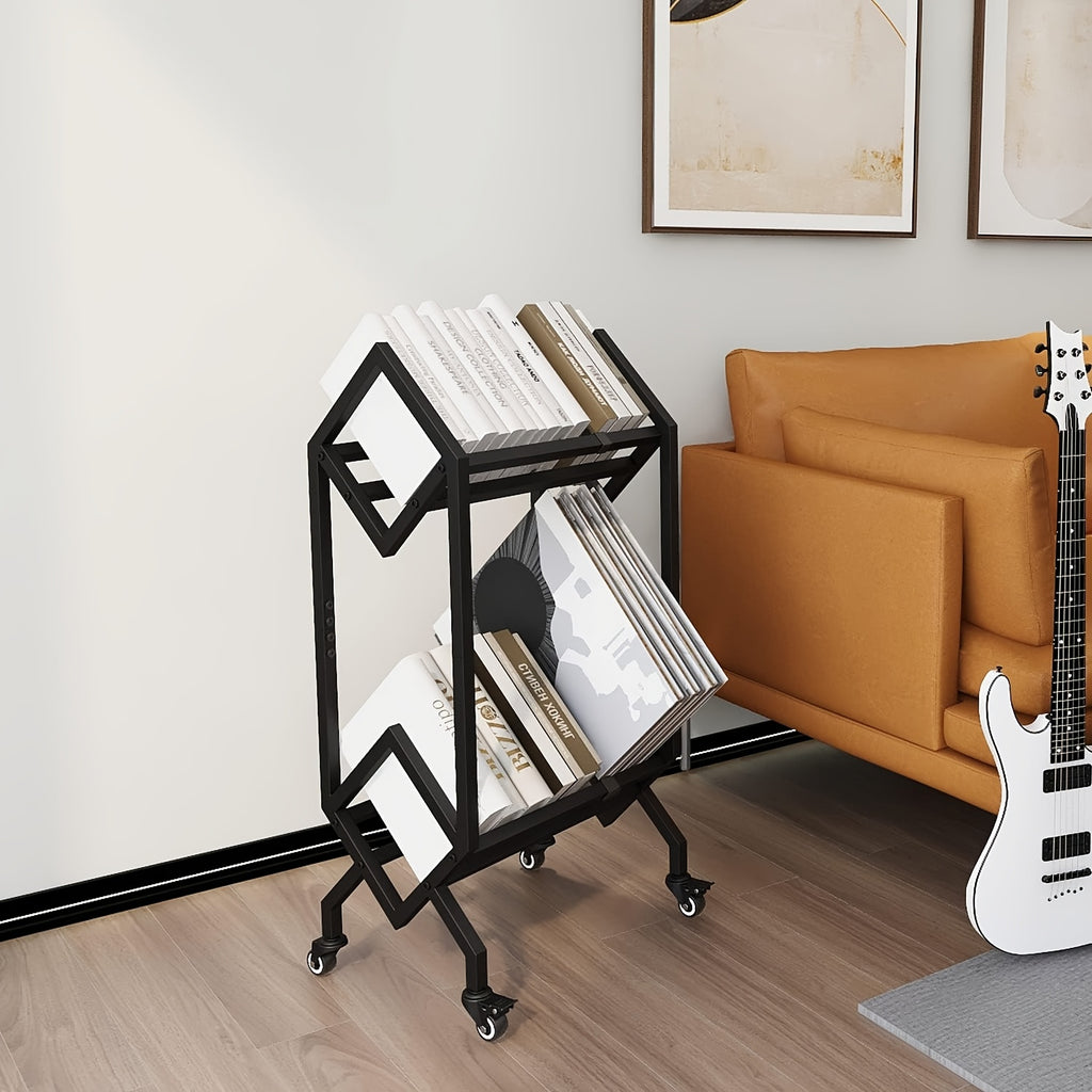 2 Tier Industrial Metal Bookshelf Cart | Modern Stylish Design With Wheels, Freestanding, Suitable For Living Room, Sofa End, Bedside Storage For Magazines, Files, Albums, Recipe Books