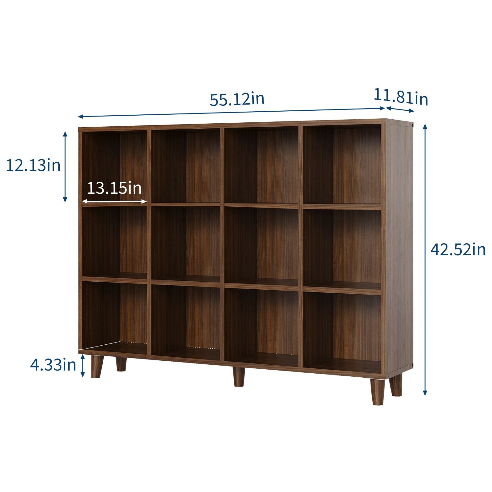12 Cube Storage Organizer Shelf with Base | Freestanding Open Bookcase and Display Cabinet Organizer for Living Room, Bedroom, and Home Office - Contemporary Style, Hardwood, Mixed Color, Assembled