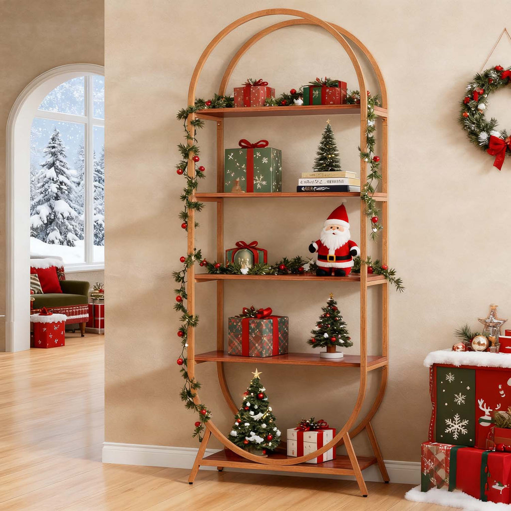 1pc Modern Brown 5-Tier Arched Bookcase Tall 70.8\