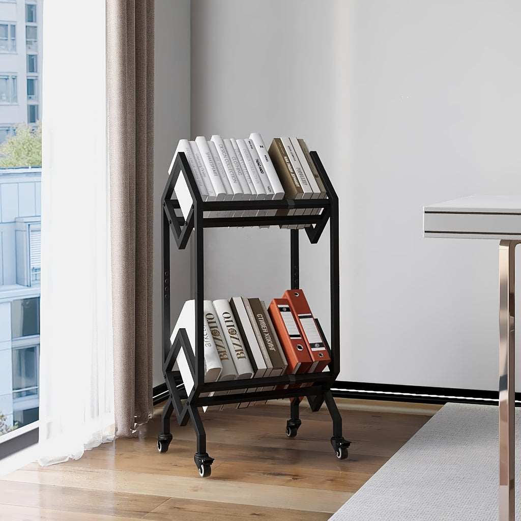 2 Tier Industrial Metal Bookshelf Cart | Modern Stylish Design With Wheels, Freestanding, Suitable For Living Room, Sofa End, Bedside Storage For Magazines, Files, Albums, Recipe Books