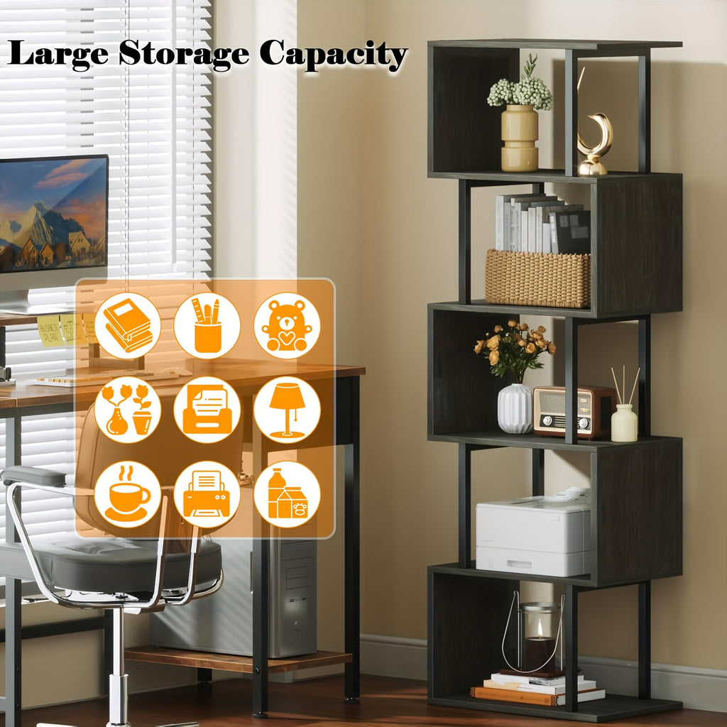6-tier Tall Bookshelf, Lofty Geometric Book Cabinet, S-shaped Industrial-style Display Freestanding Bookshelf, Metal And Wood Decorative Storage Partition Rack, Suitable for Bedroom, Living Room, Office, Black\u002Fwhite