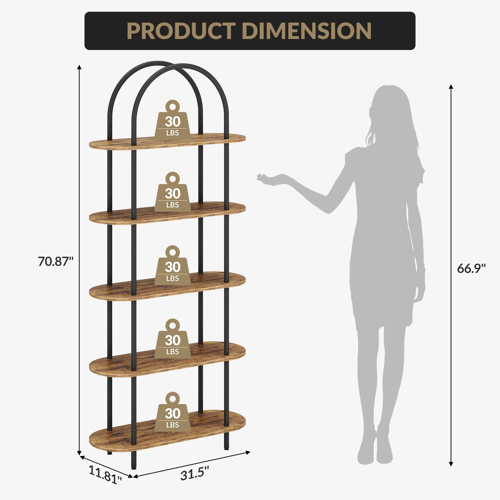 5-Tier Modern Arched Bookshelf with Metal Frame & Shelves - Adjustable Feet Freestanding Tall Display Shelf Suitable for Bedroom, Living Room, Bookcase for Books, Decor, Display, Assembly Required, Arched for Narrow Spaces