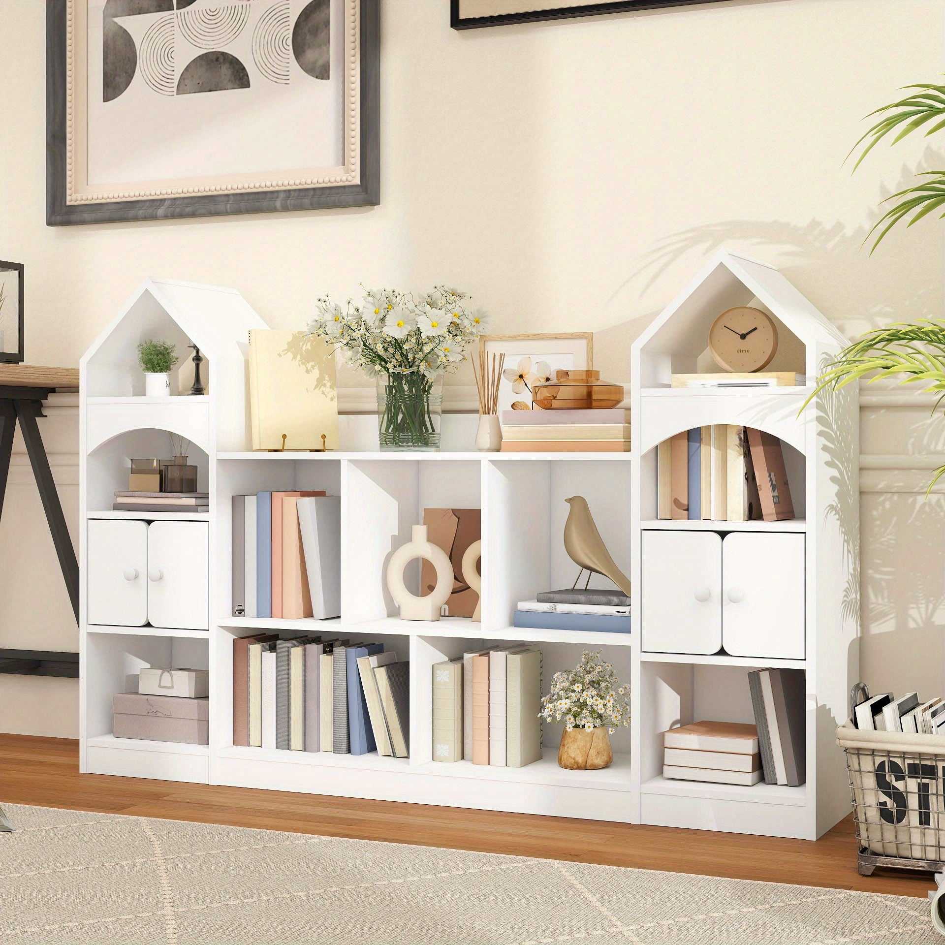 Modern Castle-Shaped Bookcase & Storage Cabinet with Shelves - Cool White Suitable for Living Room, Entryway, Bedroom, -Standing \u002FPlywood Furniture, Space-Saving Tower Cabinet with Assembly for Room Decor or Holiday Gift