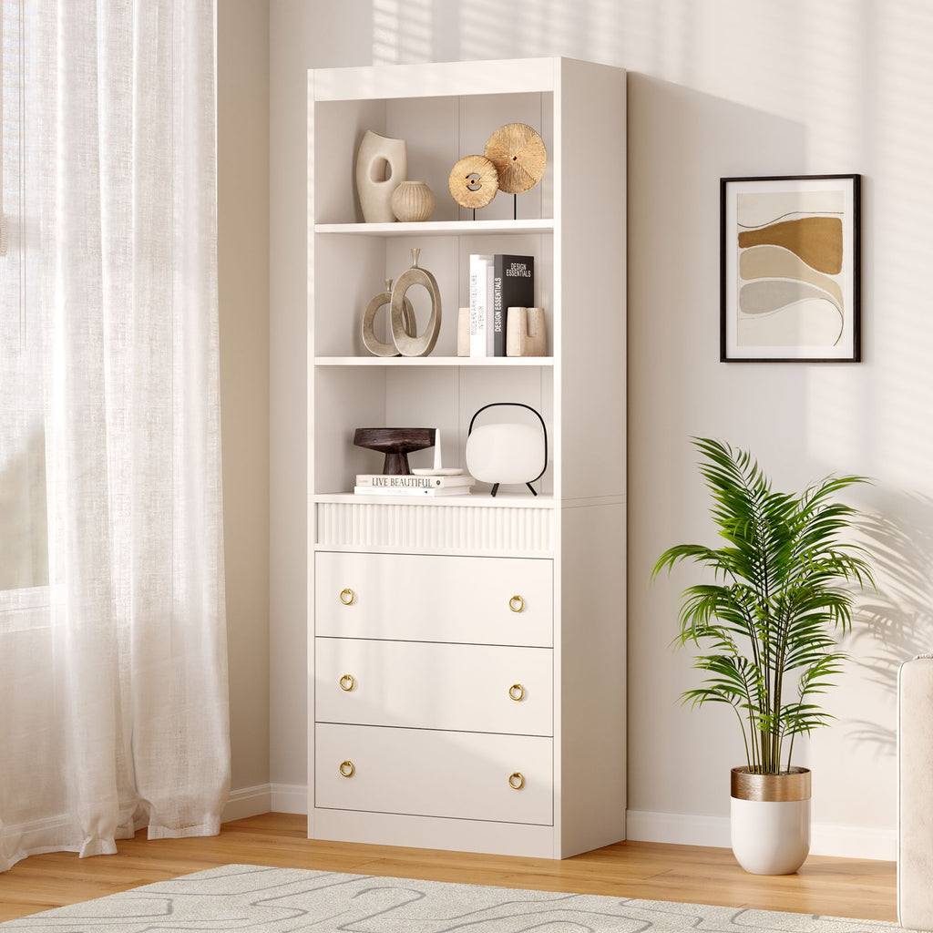 Elegant Modern 3-Drawer Wave Bookcase with Ample Storage - Solid Wood Shelf, Layered Shelves & Spacious Drawers, Assembly Standing Desk Shelf for Home Office, Compatible with Books & Decor (Space-Saving Furniture Gift) 27\
