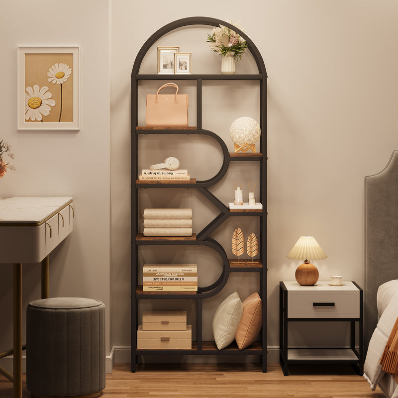 6-Tier Arched Bookshelf with Geometric Open Shelves, 81.7in Tall Modern Metal Frame Book Rack for Bedroom, Living Room, and Home Office Storage