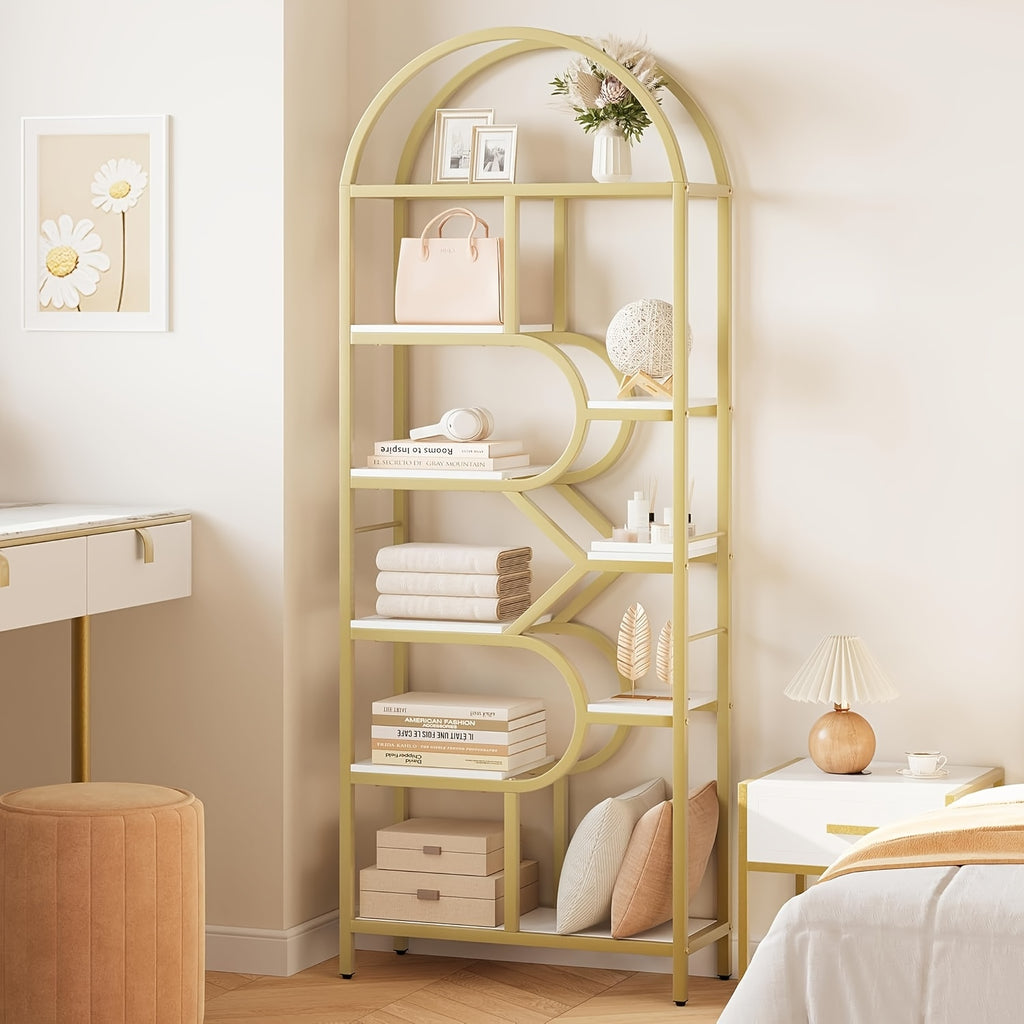 Metal Farmhouse Bookcase with Arched Door & Drawer Shelving - Round Display Cabinet, Painted Freestanding Bookshelf Suitable for Living Room, Kitchen, Office - Assembly, Metal Storage Rack