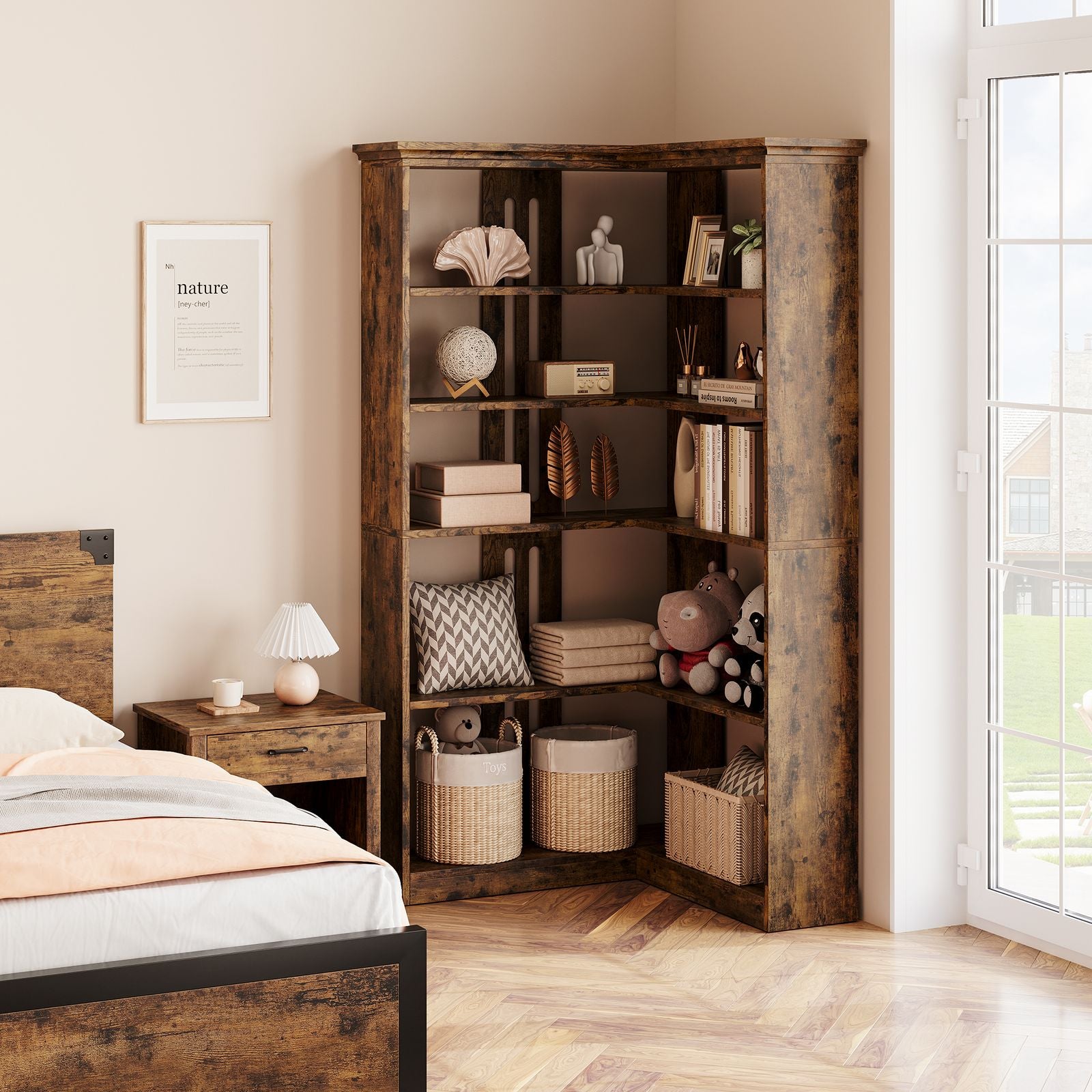 72-Inch L-Shaped Wooden Bookcase with 5 Spacious Shelves | Rustic Design, Anti-Tip Safety, Easy Assembly, Ideal for Living Room or Office, Dimensions 35.6\