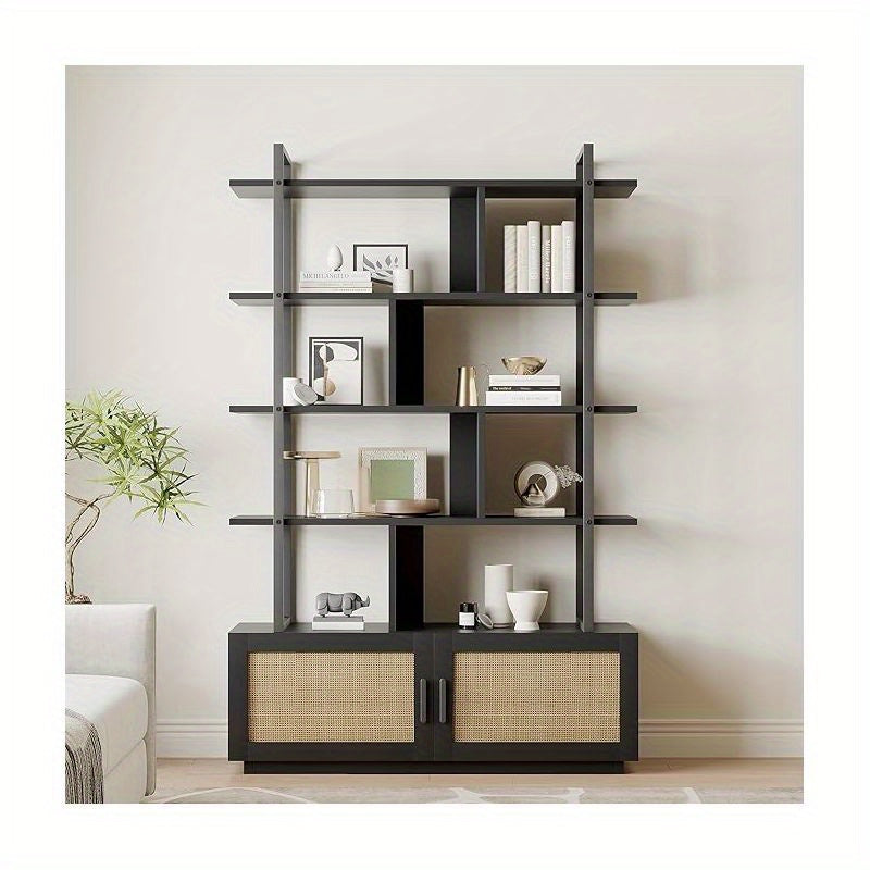 5-Tier Tall Bookshelf with Wide Open Shelves - Freestanding Metal Frame & Rattan Bookcase Suitable for Living Room, Bedroom, Home Office - Assembly, Spacious Storage, Modern Classic