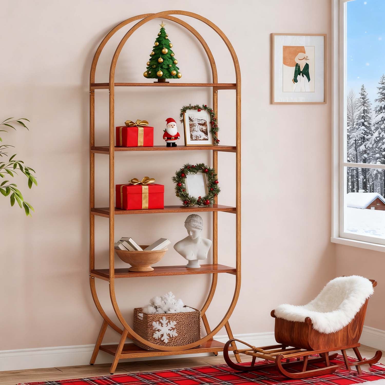 1pc Modern Brown 5-Tier Arched Bookcase Tall 70.8\