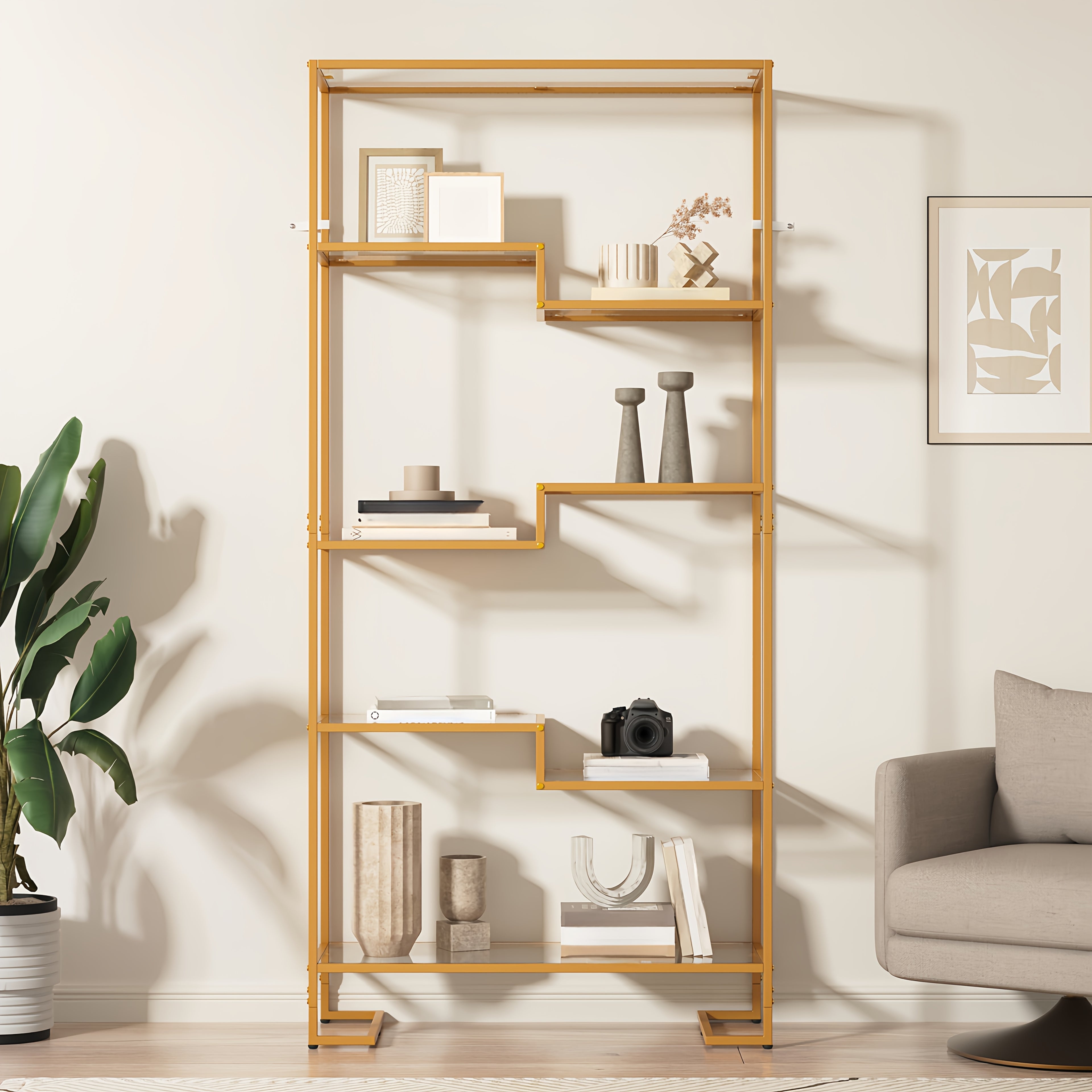 5-Tier Modern Tall Bookshelf with Glass Shelves & Metal Frame - Golden\u002FBlack Open Shelving Display Case Suitable for Living Room, Home Office, Bedroom - Easy Assembly, Sturdy Glass & Metal