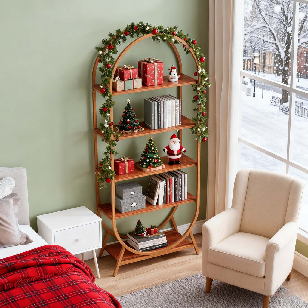 1pc Modern Brown 5-Tier Arched Bookcase Tall 70.8\