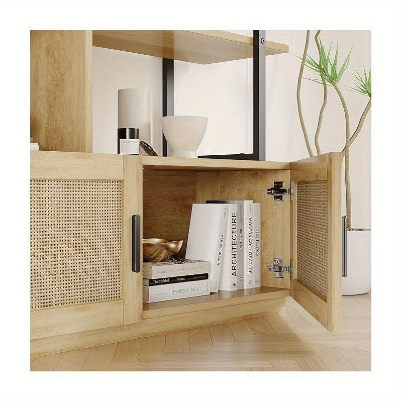 5-Tier Tall Bookshelf with Wide Open Shelves - Freestanding Metal Frame & Rattan Bookcase Suitable for Living Room, Bedroom, Home Office - Assembly, Spacious Storage, Modern Classic