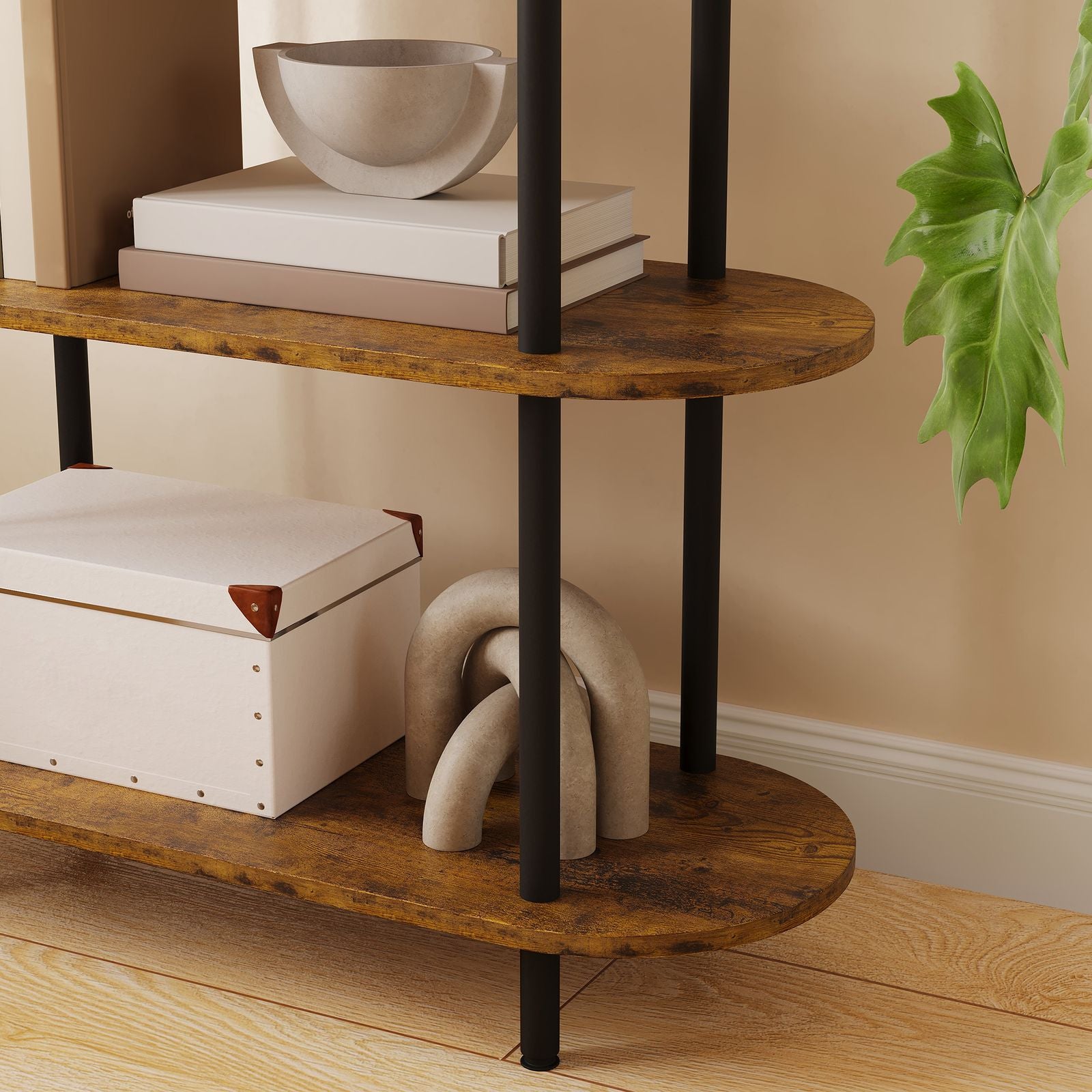 5-Tier Modern Arched Bookshelf with Metal Frame & Shelves - Adjustable Feet Freestanding Tall Display Shelf Suitable for Bedroom, Living Room, Bookcase for Books, Decor, Display, Assembly Required, Arched for Narrow Spaces