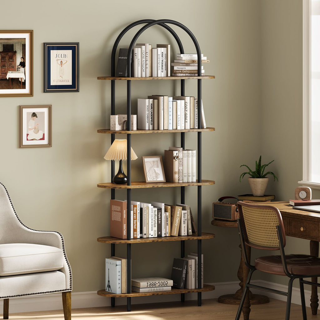 5-Tier Modern Arched Bookshelf with Metal Frame & Shelves - Adjustable Feet Freestanding Tall Display Shelf Suitable for Bedroom, Living Room, Bookcase for Books, Decor, Display, Assembly Required, Arched for Narrow Spaces