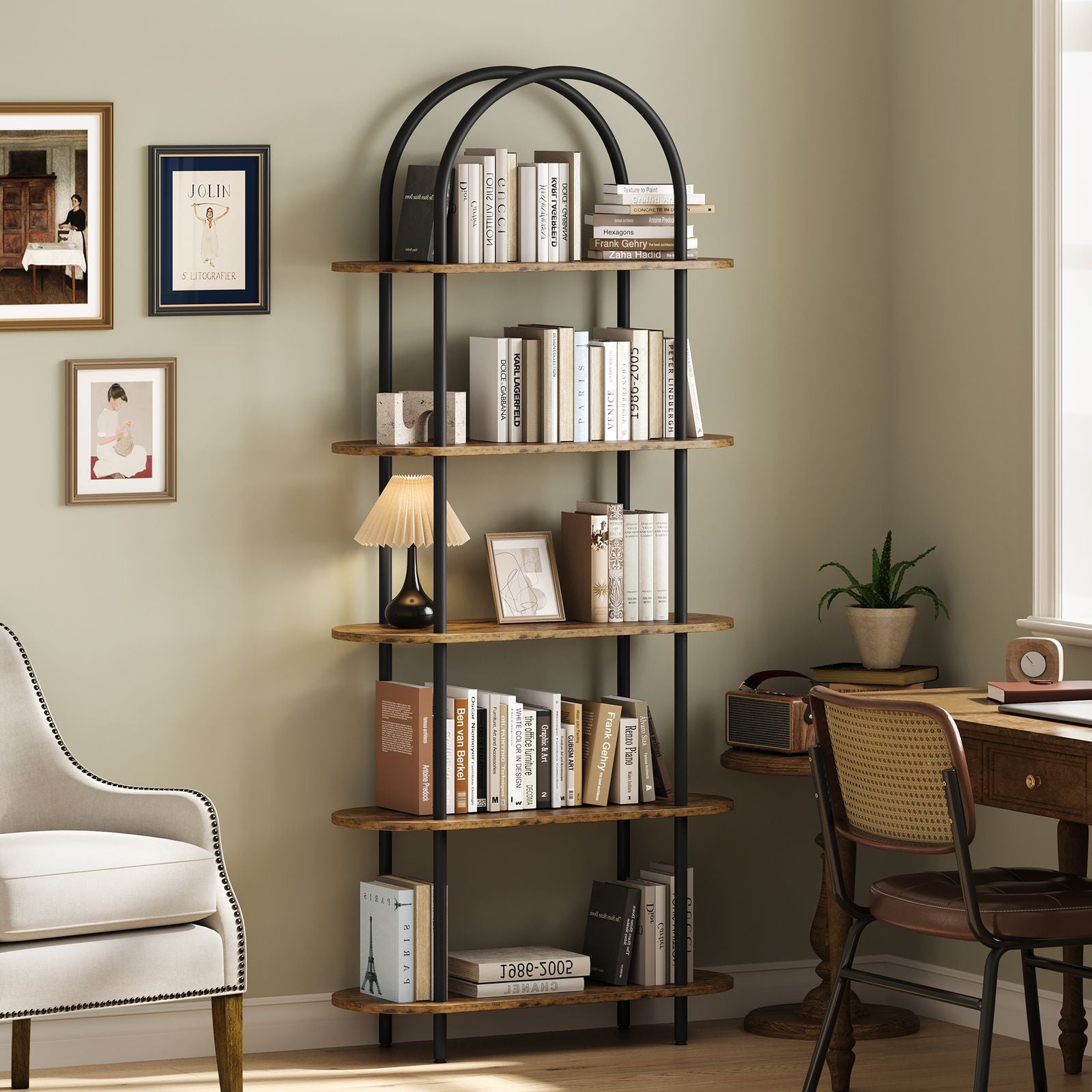 5-Tier Modern Arched Bookshelf with Metal Frame & Shelves - Adjustable Feet Freestanding Tall Display Shelf Suitable for Bedroom, Living Room, Bookcase for Books, Decor, Display, Assembly Required, Arched for Narrow Spaces