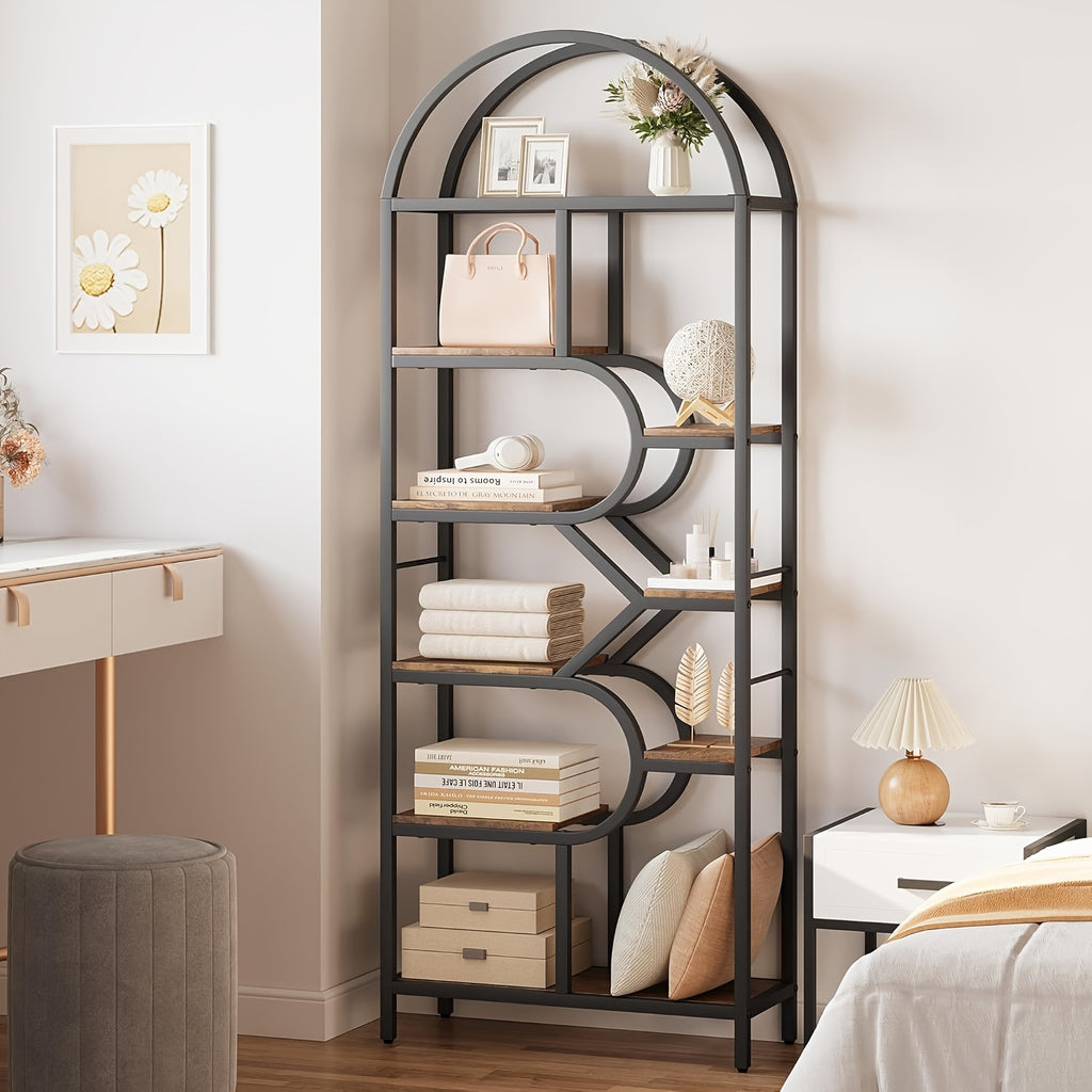 Metal Farmhouse Bookcase with Arched Door & Drawer Shelving - Round Display Cabinet, Painted Freestanding Bookshelf Suitable for Living Room, Kitchen, Office - Assembly, Metal Storage Rack