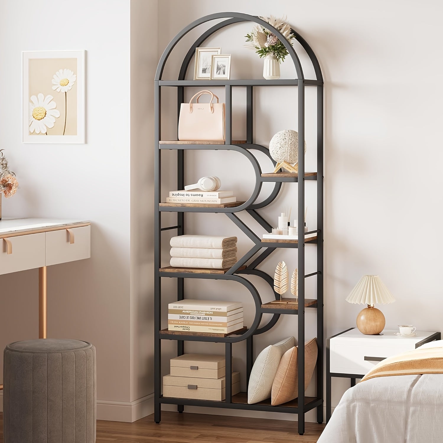 Metal Farmhouse Bookcase with Arched Door & Drawer Shelving - Round Display Cabinet, Painted Freestanding Bookshelf Suitable for Living Room, Kitchen, Office - Assembly, Metal Storage Rack