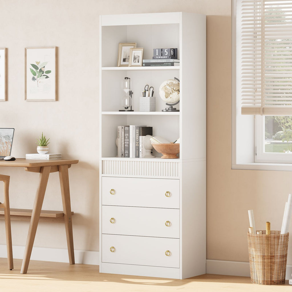 Elegant Modern 3-Drawer Wave Bookcase with Ample Storage - Solid Wood Shelf, Layered Shelves & Spacious Drawers, Assembly Standing Desk Shelf for Home Office, Compatible with Books & Decor (Space-Saving Furniture Gift) 27\