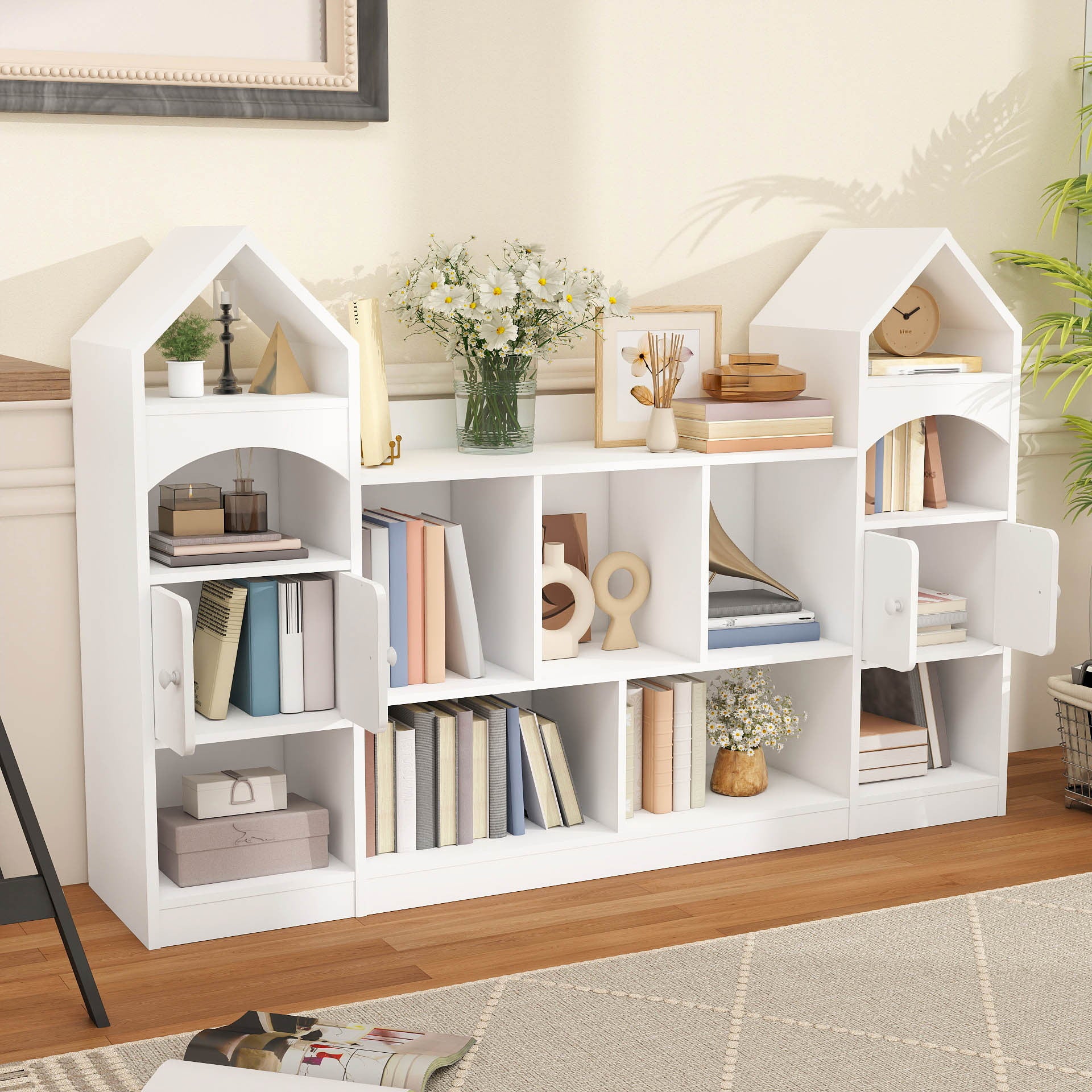 Modern Castle-Shaped Bookcase & Storage Cabinet with Shelves - Cool White Suitable for Living Room, Entryway, Bedroom, -Standing \u002FPlywood Furniture, Space-Saving Tower Cabinet with Assembly for Room Decor or Holiday Gift