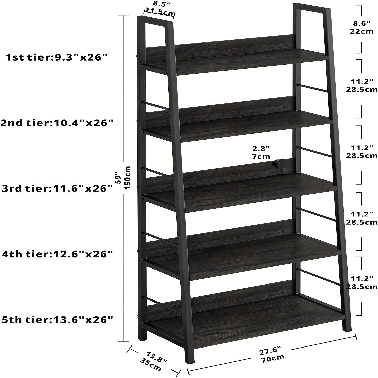 Industrial Style Living Room Ladder Shelf Bookshelf And Bookcase, Bookshelf, Ladder Shelf, 5-layer Metal Frame, Suitable For Living Room, Home Office Multi-scene Multi-purpose, Country Brown