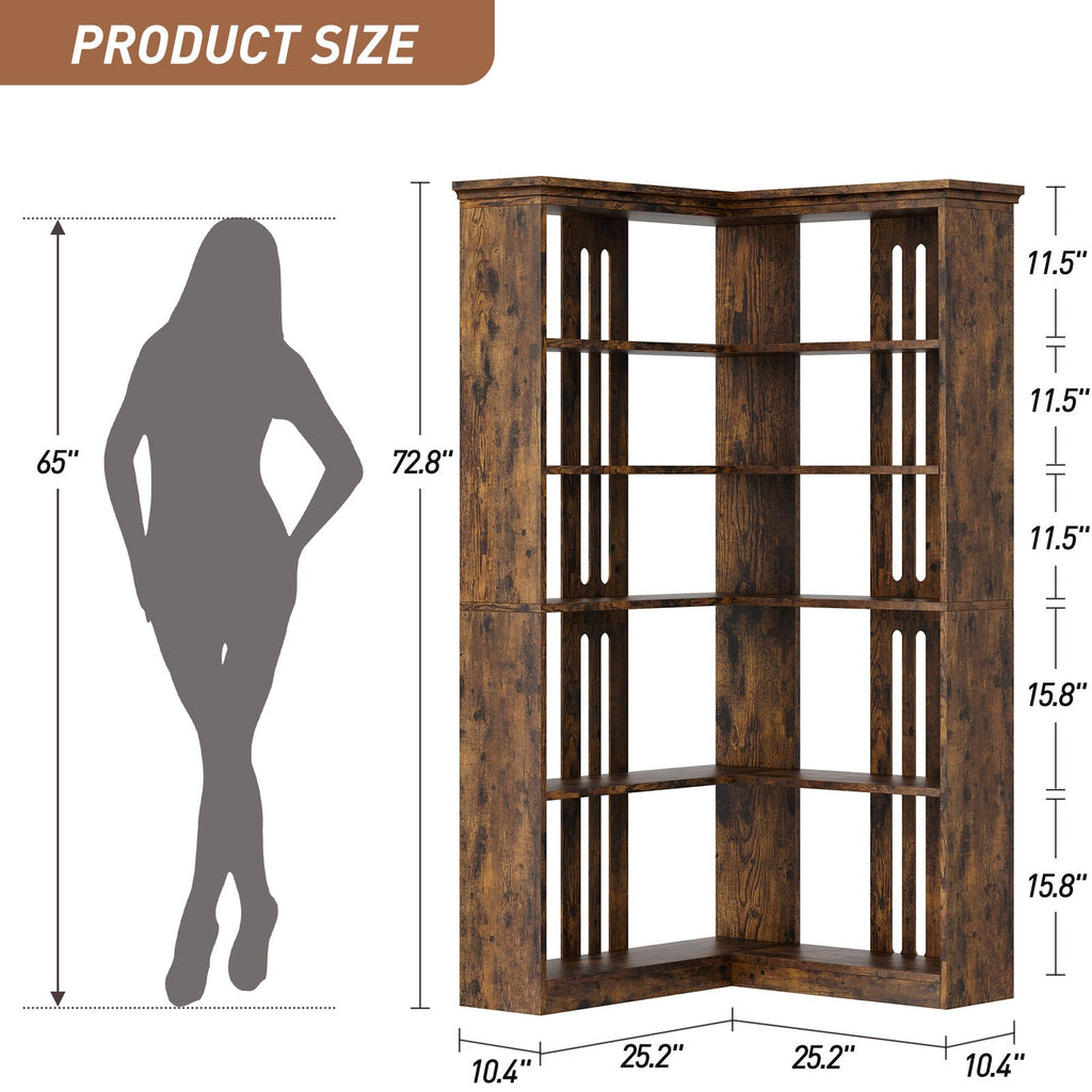 72-Inch L-Shaped Wooden Bookcase with 5 Spacious Shelves | Rustic Design, Anti-Tip Safety, Easy Assembly, Ideal for Living Room or Office, Dimensions 35.6\