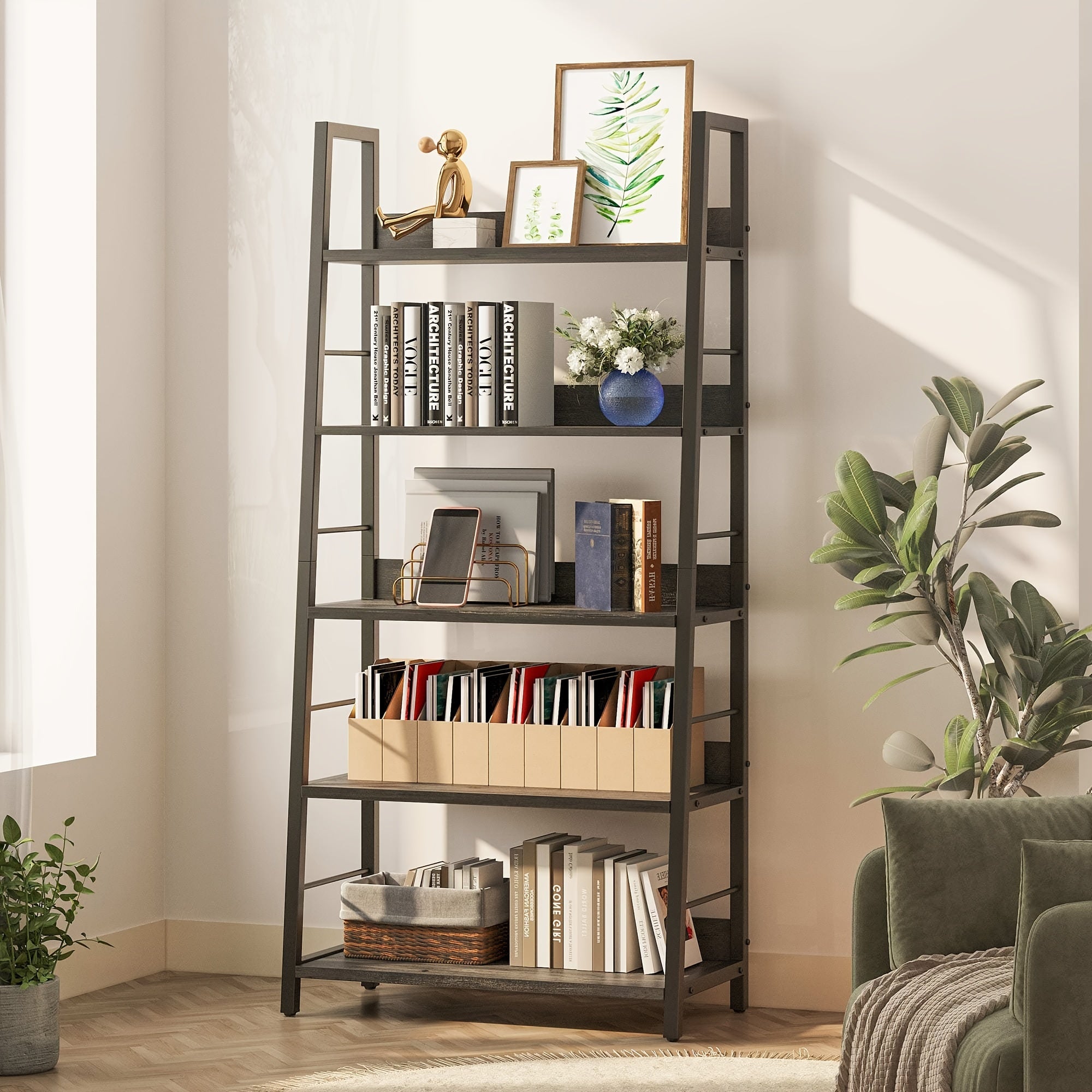 Industrial Style Living Room Ladder Shelf Bookshelf And Bookcase, Bookshelf, Ladder Shelf, 5-layer Metal Frame, Suitable For Living Room, Home Office Multi-scene Multi-purpose, Country Brown