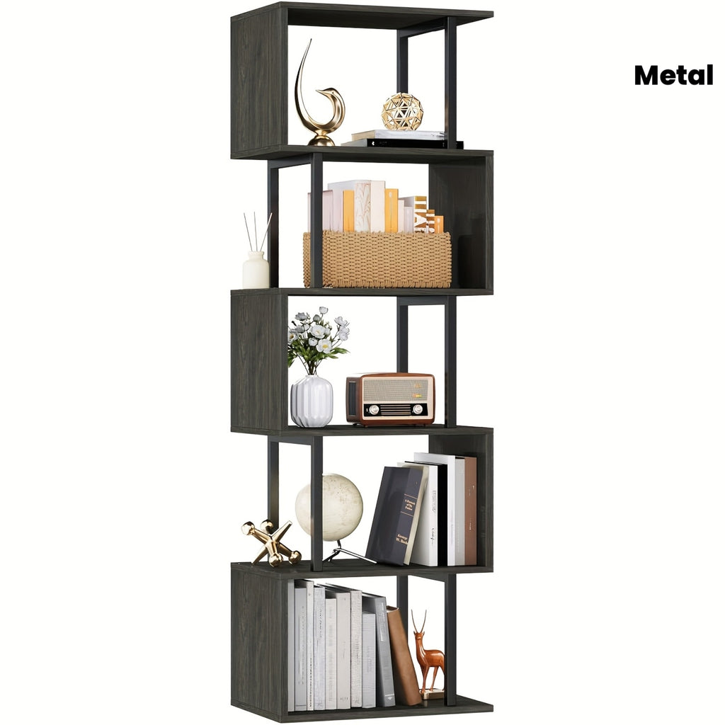 6-tier Tall Bookshelf, Lofty Geometric Book Cabinet, S-shaped Industrial-style Display Freestanding Bookshelf, Metal And Wood Decorative Storage Partition Rack, Suitable for Bedroom, Living Room, Office, Black\u002Fwhite