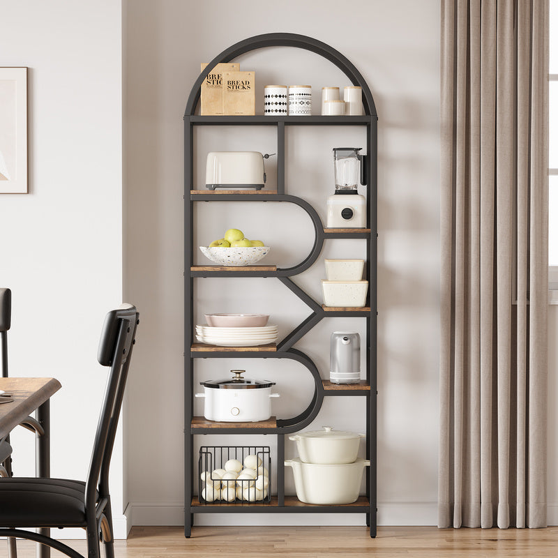 6-Tier Arched Bookshelf with Geometric Open Shelves, 81.7in Tall Modern Metal Frame Book Rack for Bedroom, Living Room, and Home Office Storage