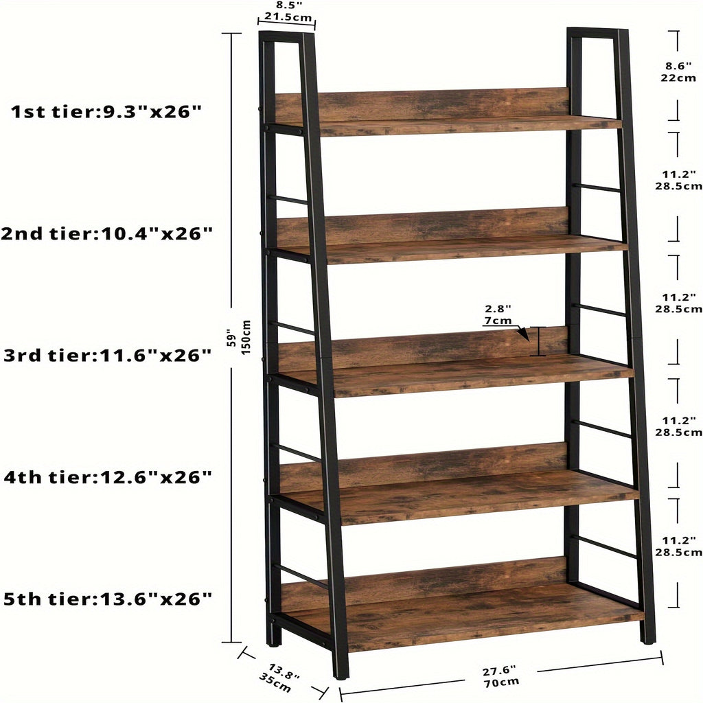 Industrial Style Living Room Ladder Shelf Bookshelf And Bookcase, Bookshelf, Ladder Shelf, 5-layer Metal Frame, Suitable For Living Room, Home Office Multi-scene Multi-purpose, Country Brown