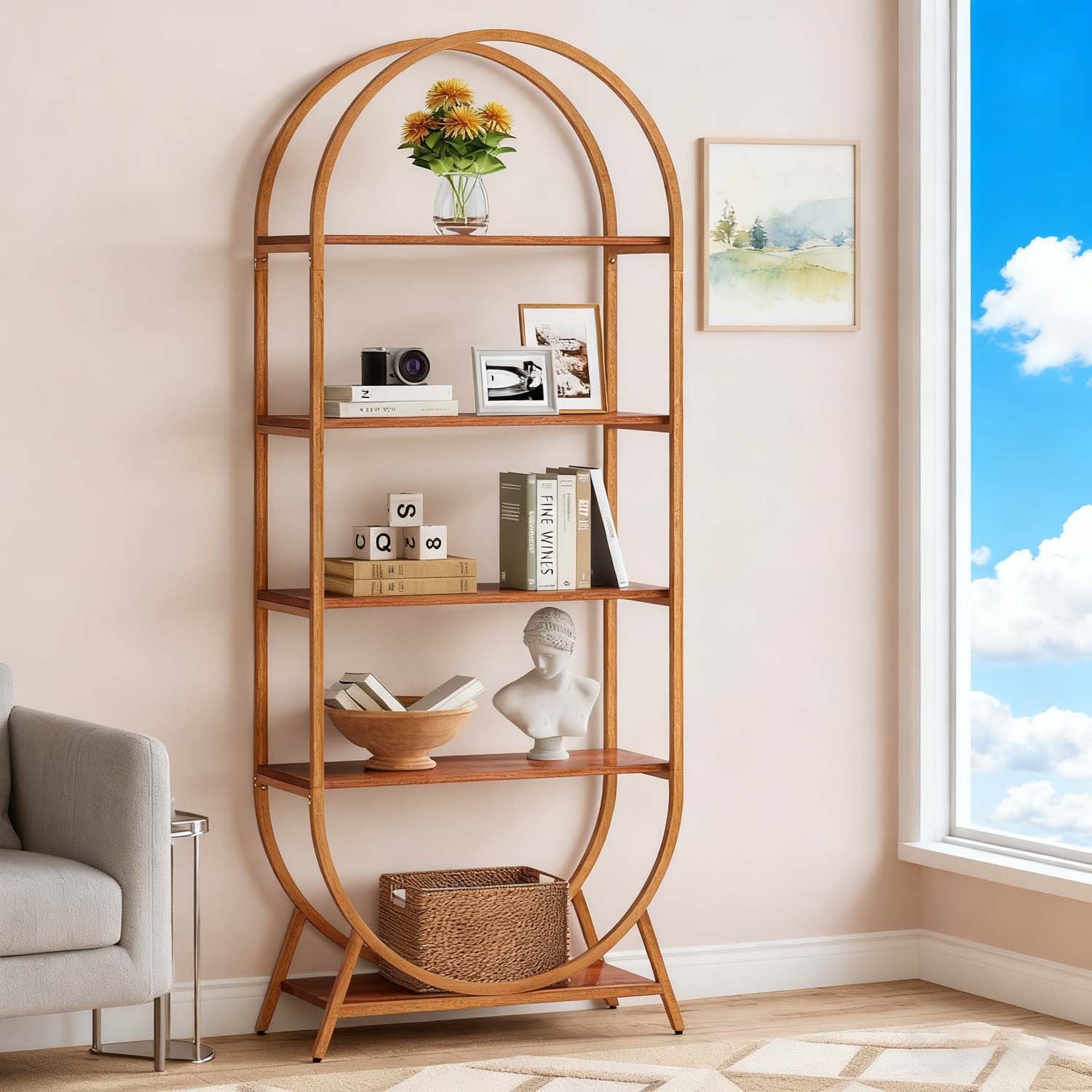 1pc Modern Brown 5-Tier Arched Bookcase Tall 70.8\