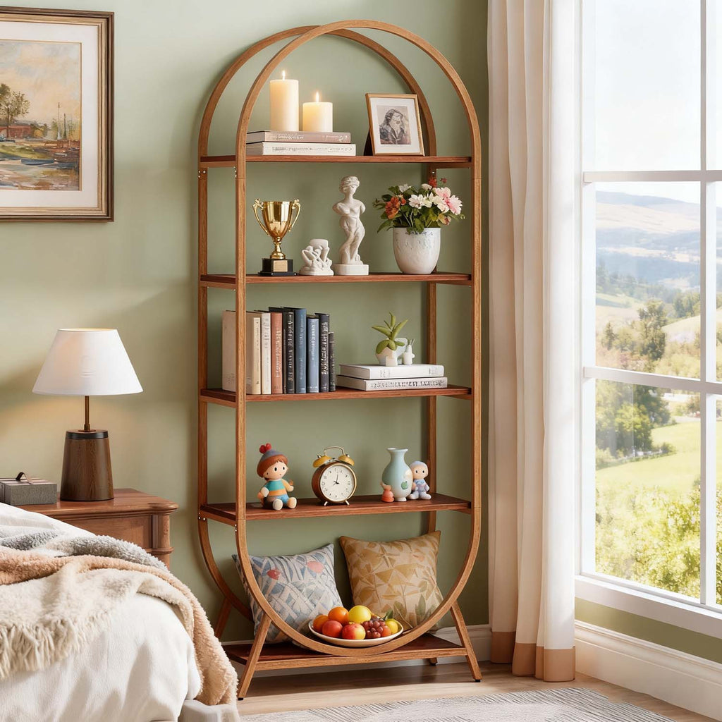 1pc Modern Brown 5-Tier Arched Bookcase Tall 70.8\